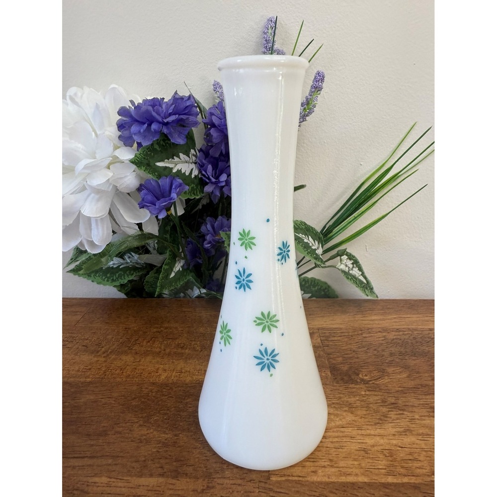 Vintage Milk Glass Vase‎ – White with Blue and Green Floral Starburst Design